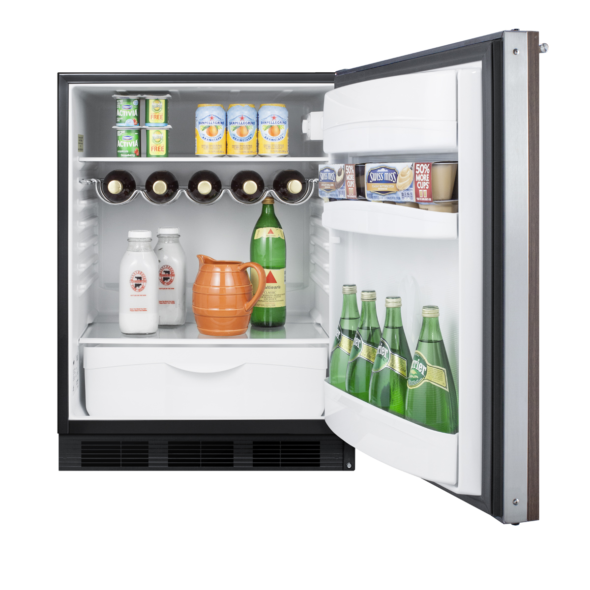 Built-in undercounter all-refrigerator for residential use, auto defrost with black exterior and pre-installed engineered wood panel door in a walnut finish